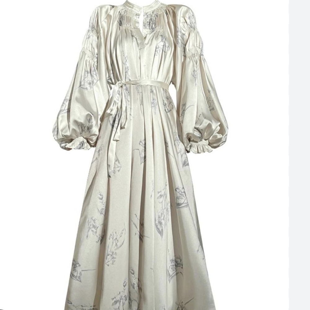 French Designer Spring Satin Lantern Sleeve Long Elegant Women Dress. New